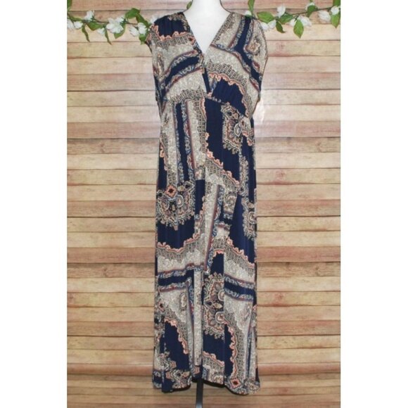 Cato Ladies Blue Patterned Maxi Dress Size XL V-Neck Sleeveless Stretch Long - Picture 1 of 9